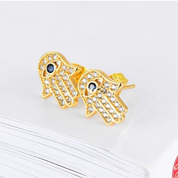 Yellow Gold/White Gold Plated Evil Eye and Hamsa Hand of Fatima White Blue Cubic - Picture 3 of 5